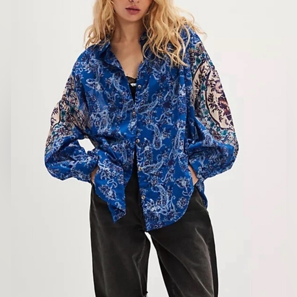 NEW Free People Rose Bud Paisley Cotton Button Up Shirt Womens Oversized Blue SM
